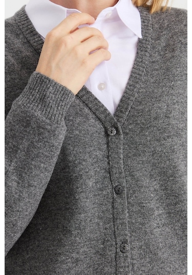 Desen Triko Kadın V Yaka Yün Hırka 21021 Füme