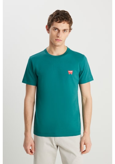 %100 Pamuk Regular Fit Normal Kesim Bisiklet Yaka Minimal Logo Yeşil Tişört Bayberry Green