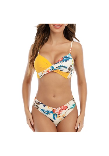 Mufunye Kadın İki Parça Bikini Mayo, Baskılı Desen, Ayarlanabilir Askı, Dolgulu Sütyen, Sarı, Asya Numara Xl 8830 Sarı