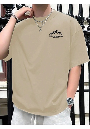 Guılanerkek Yazlık %100 Pamuk Rahat Gevşek Mektup Dağ Baskılı Kısa Kollu Tişörtgökyüzü Mavi Gökyüzü Mavi