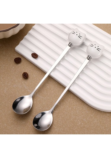 Skycity Beyaz Kedi Desenli Uzun Saplı Paslanmaz Çelik Kahve Karıştırıcı Kaşık - Bal Ve Sosu İçin Dayanıklı Mutfak Gereci Diğer