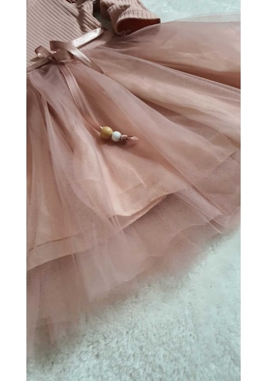 Kız Çocuk Gül Kurusu Tül Pamuklu Uzun Kol Özel Gün Doğum Günü Abiye Hediye Günlük Prenses Elbise Pembe