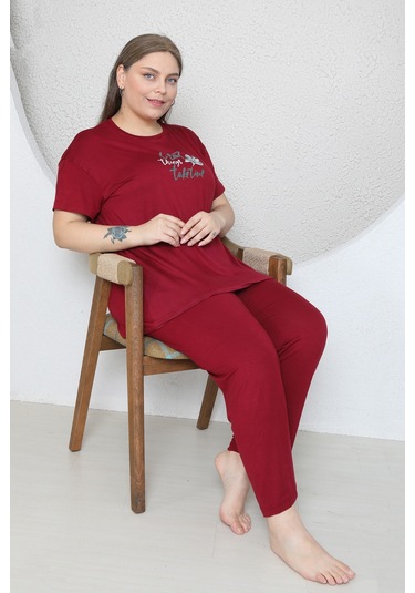 Fames Pijama Büyük Beden Likrali Ring Viskon Kisa Kol Yazlik Pijama Takim Bordo