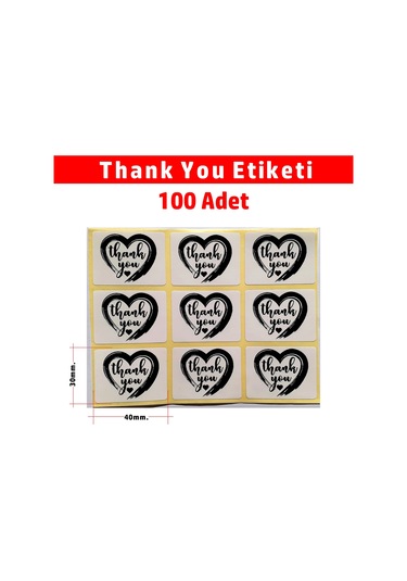Kalp Desenli Teşekkür Etiketi - Thank You Sticker 30x40 - 100 Ad.