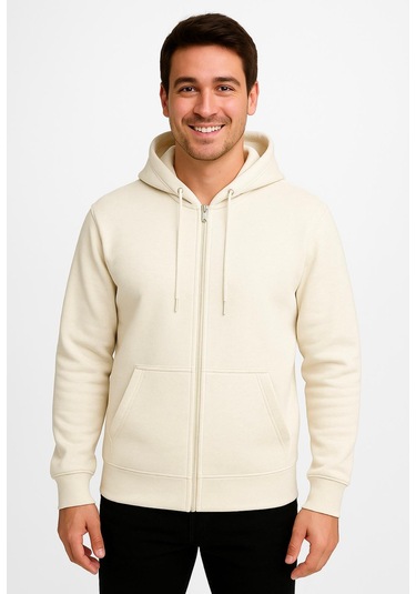Axxel Erkek Krem Fermuarlı Kapüşonlu Sweatshirt-w590 Krem 3 İplik Şardonlu
