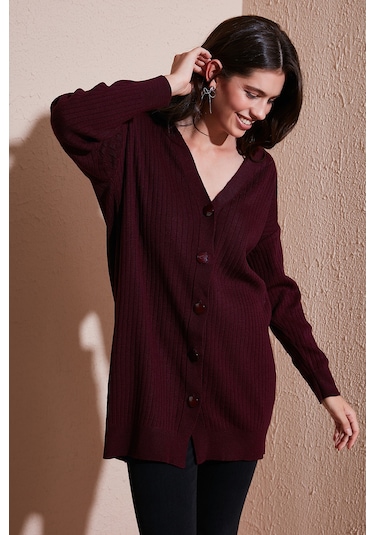 Lela V Yaka Düğmeli Uzun Triko Bayan Hırka 4616040Y Bordo