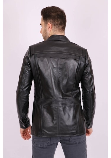 Erkek Siyah Hakiki Deri Yakalı Düğmeli Klasik Casual Mont