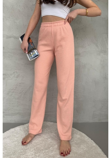 Kadın Yavruağzı Yüksek Bel Fitilli Bol Paça Günlük İnce Eşofman Altı Yavruağzı