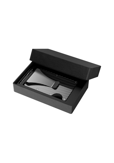 Hangfox Kara Karbon Fiber Rfıd Engelleyici Kart Çantası - Metal Pop-up Kart Tutucu Cüzdan Siyah