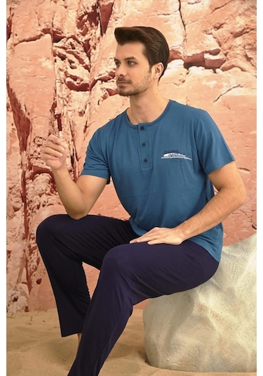 Arcan Erkek Kısa Kol Pijama Takımı Yazlık Viskon Mavi