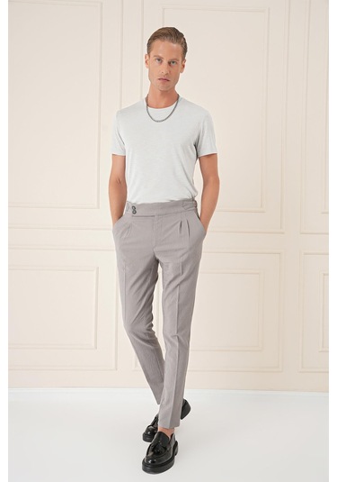 Yandan Tokalı Çift Pileli Esnek Pamuk Gri Pantolon P 1160 Gri