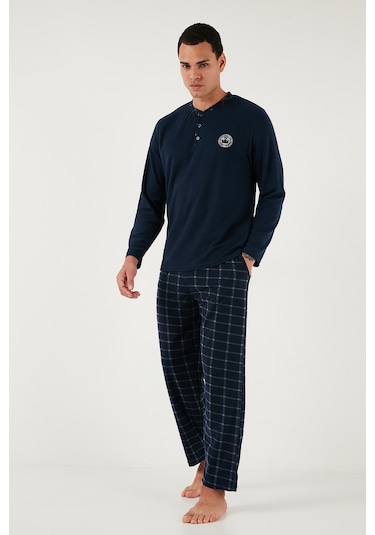 Buratti Ekoseli Yumuşak Dokulu Regular Fit Uzun Kollu Erkek Pijama Takımı 609611030 Lacivert