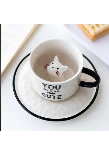 Sevimli Kedi Figürlü Kupa Bardak Tabak Set-2134