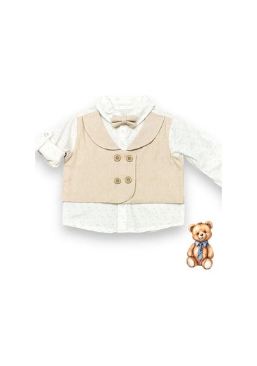 Erkek Bebek Papyon Şapka Gömlek Pantolonlu Pamuklu Şık Takım-14693 Bej