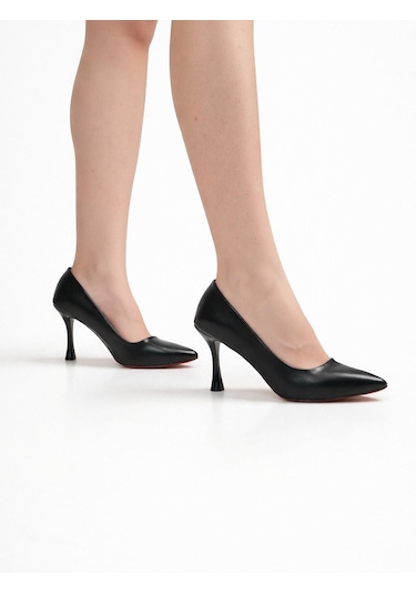 Tual Shoes Kadın Siyah Suni Deri Stiletto Kırmızı - Siyah