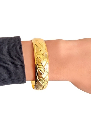 Ferizz Altın Kaplama Örgü Model Imitasyon Bilezik 15Mm Kalınlık Altın