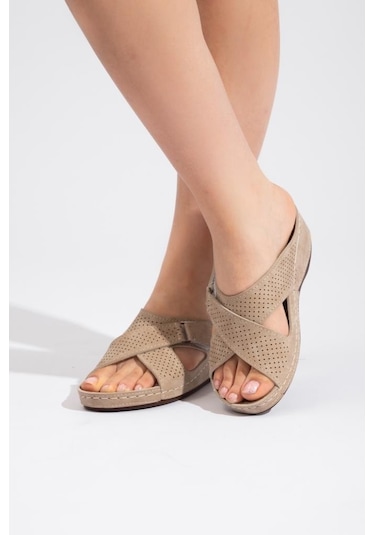 Roy Jones Kadın Ortopedik Çapraz Cırtlı Ayarlanabilir Üst Detay Konfor Modeli Günlük Terlik Yumuşak-bej Bej