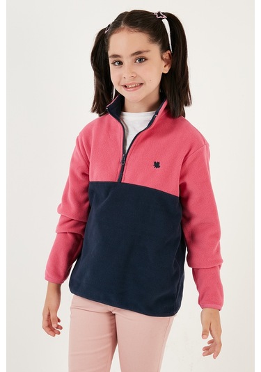 Lela Yumuşak Dokulu Yarım Fermuarlı Renk Bloklu Dik Yaka Unisex Çocuk Polar 5905004 Fuşya-Lacivert