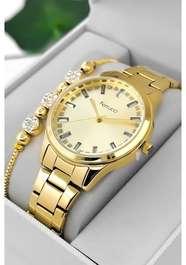 Ferrucci Taş Detaylı Kadran, Çelik Kordon Çelik Kasa Kadın Kol Saati, Gold Zmfer199 Çok Renkli