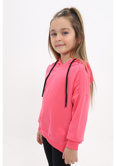 Kız Çocuk Oversize Kapüşonlu Büzgülü Düşük Omuz Nakış Baskılı Yırtmaçlı Sweatshirt - 2 İplik Fuşya