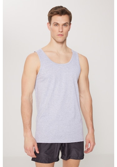 AC&Co / Altınyıldız Classics Erkek Grı Melanj Standart Fit Normal Kesim %100 Pamuk 2'li Atlet Paketi