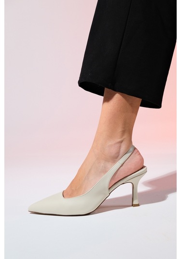 Luvishoes Flem Ekru Cilt Kadın Sivri Burun Arkası Açık İnce Topuklu Ayakkabı Ekru