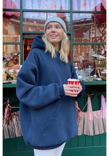 Madmext Lacivert Kapüşonlu Şardonlu Oversize Sweatshirt Mg1566 Lacivert