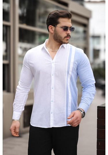 Erkek Çizgi Desenli Gömlek Beyaz