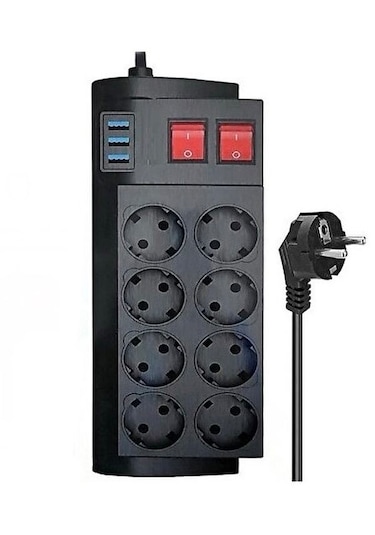 Ftr-08 4000w 16a Akım Korumalı 2 Anahtarlı 8'li Priz, 3 Usb Portl
