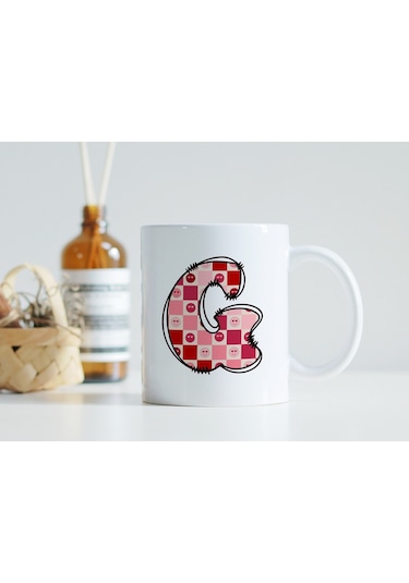 G Harfi Pembe Kareli Kalpli Göz Emojili Kupa Bardak Eğlenceli Kareli Tasarım Kahve Çay Kupası 07 Beyaz
