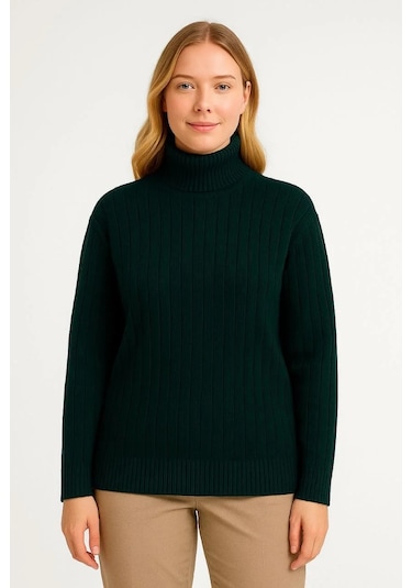 Kadın Balıkcı Yaka Bağazlı Triko Kazak Pamuklu Kalın Fitilli Dokuma - Haki Haki