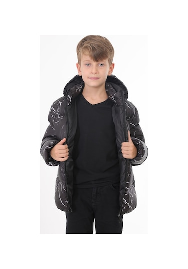 Erkek Çocuk Siyah Çıkabilir Kapüşonlu Su Ve Rüzgar Geçirmez Cepli Kışlık Şişme Mont Siyah