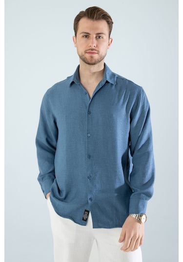 Rahat Kesim Keten Dokulu Gömlek Mavi