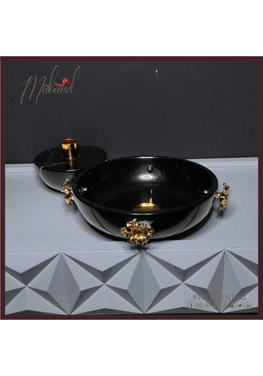 Şık Siyah Mermer Mumluk Ve Kase Seti Altın Detaylı Lüks Ev Deko