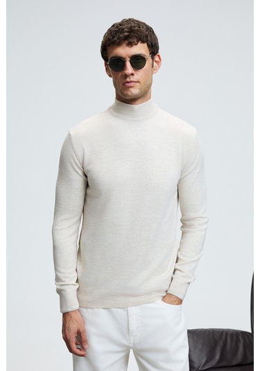 REBEL Erkek Yarım Balıkçı Yaka Basic Slim Fit Triko Bej Kazak