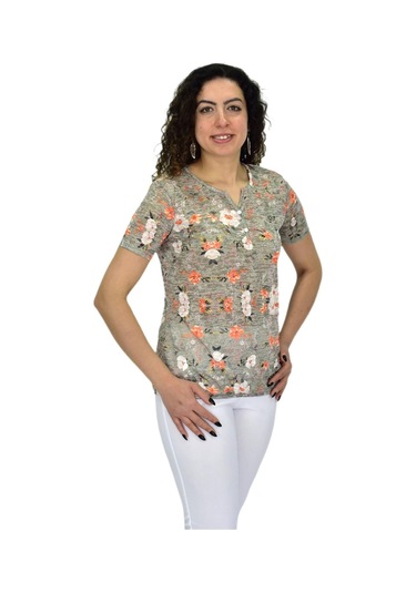 Kadın Kısa Kol Baskılı Bluz Bgl-st04688 Haki