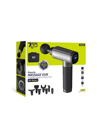 7go 7gmg3 Masaj Tabancası 8 Başlık 30 Kademe Hız Lcd Ekran Sessiz Güçlü Motor 1500mah Bata Siyah