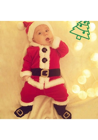 Suntek Bebek Erkek Kız Noel Baba Kostüm Seti 4 Adet Kırmızı