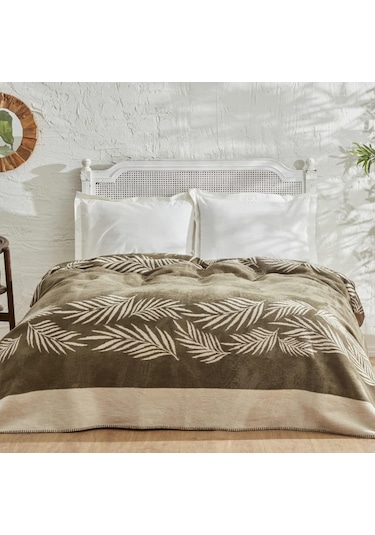Karaca Home Leaf Haki Çift Kişilik Pamuk Battaniye Haki