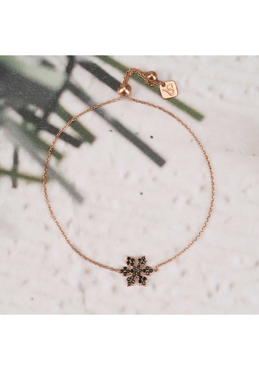 Siyah Zirkon Taşlı Pırlanta Montür Rose Altın Kaplama Asansörlü Çiçek Desenli Gümüş Bileklik Gümüş - Rose Gold