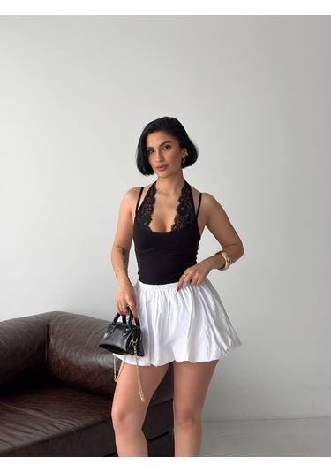 Pantofashion Dantel Detaylı Askılı Body Çıt Çıtlı Siyah