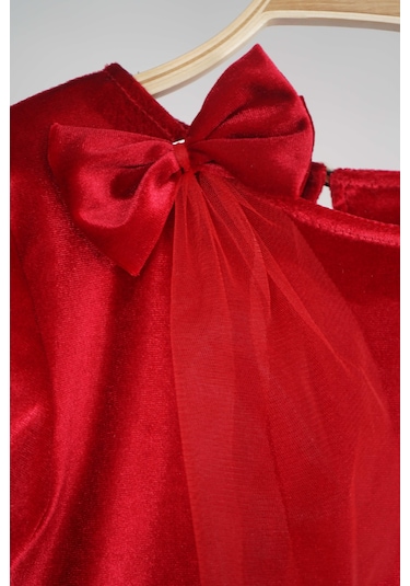 Kız Çocuk Yılbaşı Temalı Eteği Tül Astarlı Tokalı Kadife Uzun Kol Elbise Kırmızı