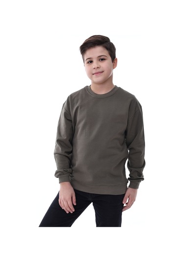 Basic Bisiklet Yaka Şardonlu Çocuk Sweatshirt 3-10 Yaş Krem Haki