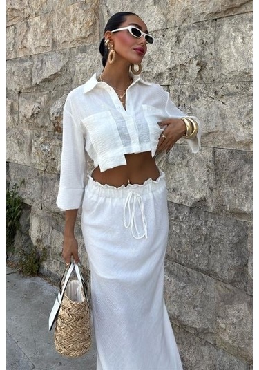 Crop Gömlekli Ve Eteği Büzgülü Tasarım Takım 10201 Beyaz