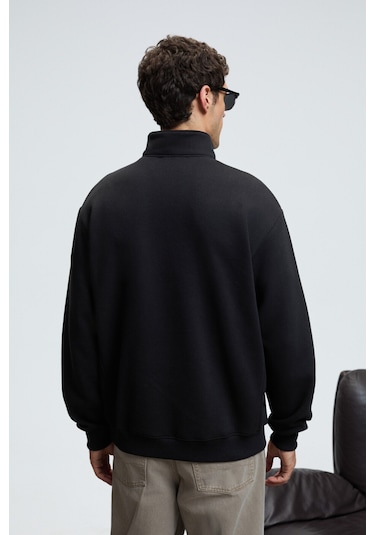 BAXTER Erkek Dik Yakalı Fermuarlı Relaxed Siyah Sweatshirt