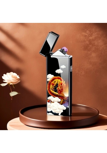 Willowhaven Siyah Altın Ejderha Şık Ultra Hafiz Usb Şarjlı Rüzgar Geçirmez Çift Ark Plazma Çakmak Siyah