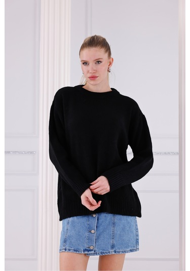 Bisiklet Yaka Oversize Basic Triko Kazak Siyah