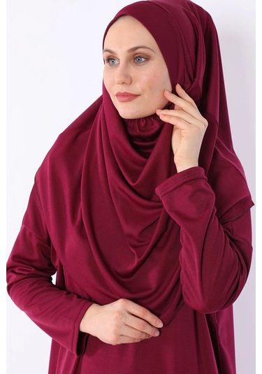 Pratik Başörtülü Tek Parça Namaz Elbisesi Bordo-21015 Gül Kurusu