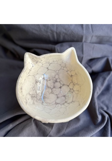 Bylewoo Siyah Beyaz Ebru Desen Kedicik Model Seramik Mama Kabı