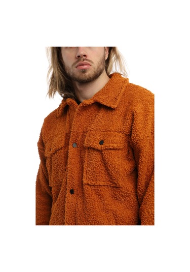 Erkek Kıvırcık Peluş Cıt Cıt Kapamalı Oversize Ceket Tarçın